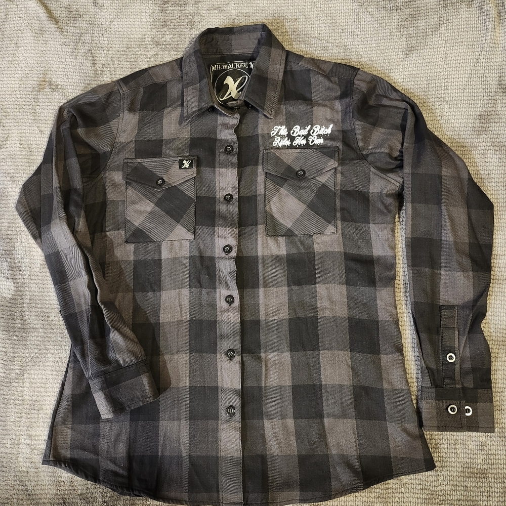 Milwaukee Leather Womens Biker Flannel Large, Jewel Cross, Black Checker Cotton